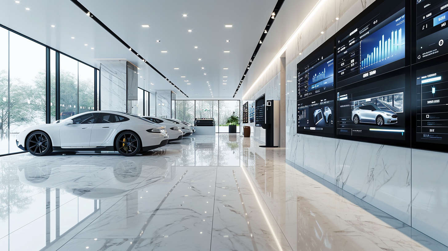 image of a digital sales leaderboard in a car dealership with multiple screens displayed. Let's show the room with white walls and marble floors with tons of lighting and during the day. in this room let's show tons of different screens showing graphs and cars