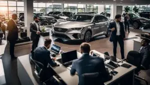 advisors at thier desks in a showroom with cars around