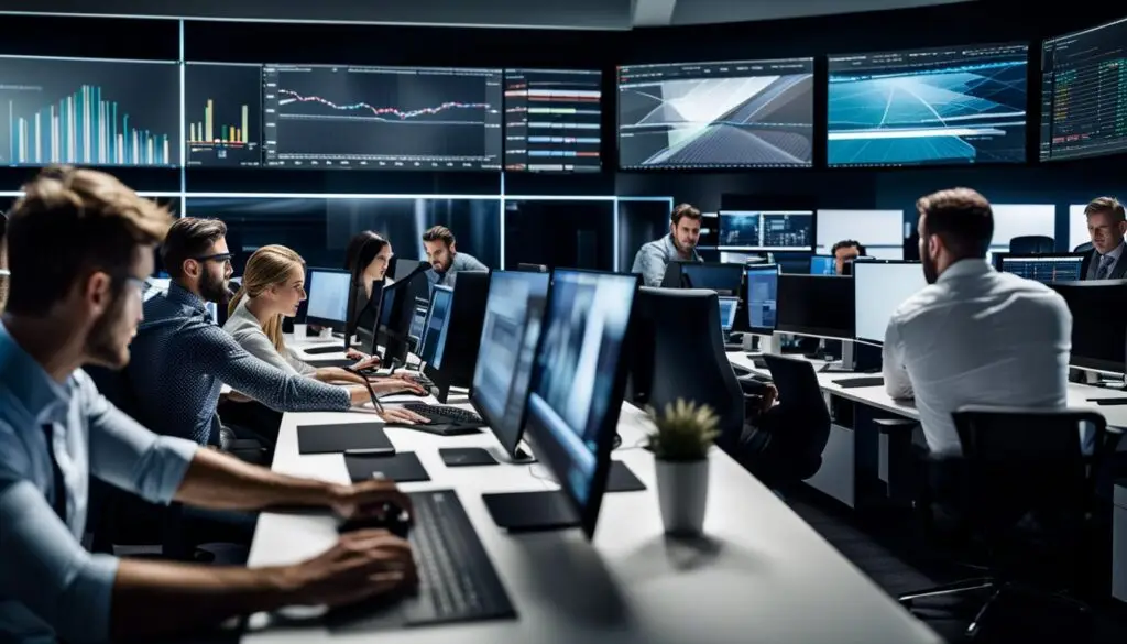 service center, advisors standing around computers and digital signs