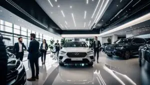 modern car dealership, with people standing around in a showroom