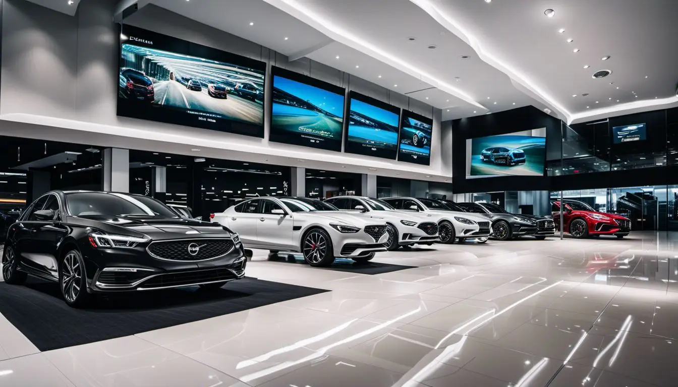 modern car dealership with cars lined up in a show room