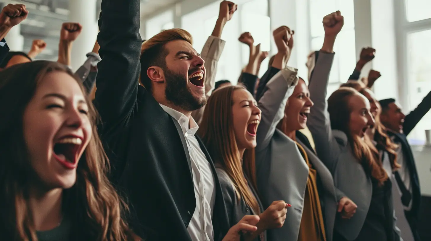 an image of people in suits and business casual clothing, let's have different genders of people in the group. Let's have these people cheering and celebrating together. let's have all of these people face the same way towards to the camera. Let's make sure that the room is during the day and have the walls of the office be white and clean.