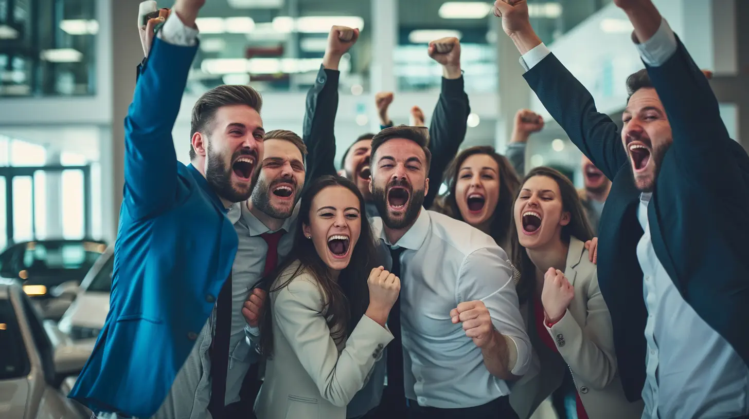 a group of co-workers shouting and screaming in excitement together