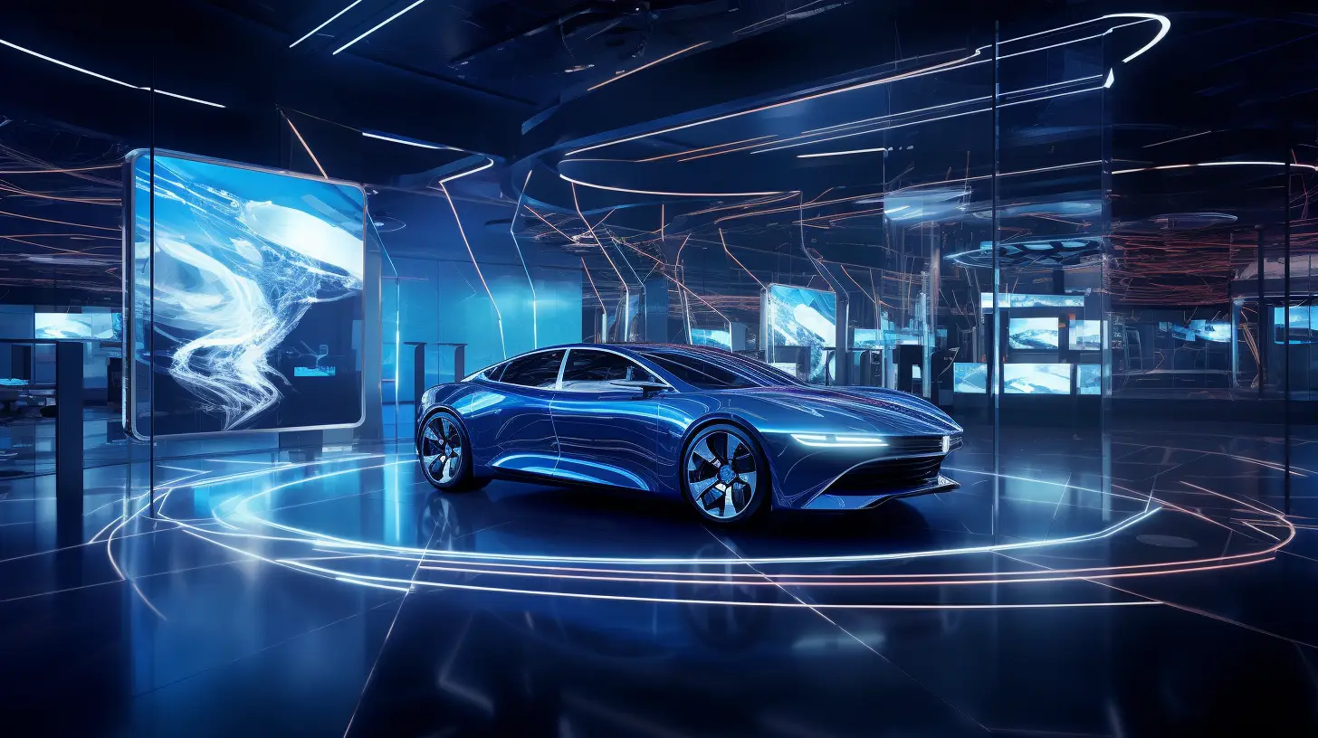 Digital signage sleek car displayed on futuristic platform