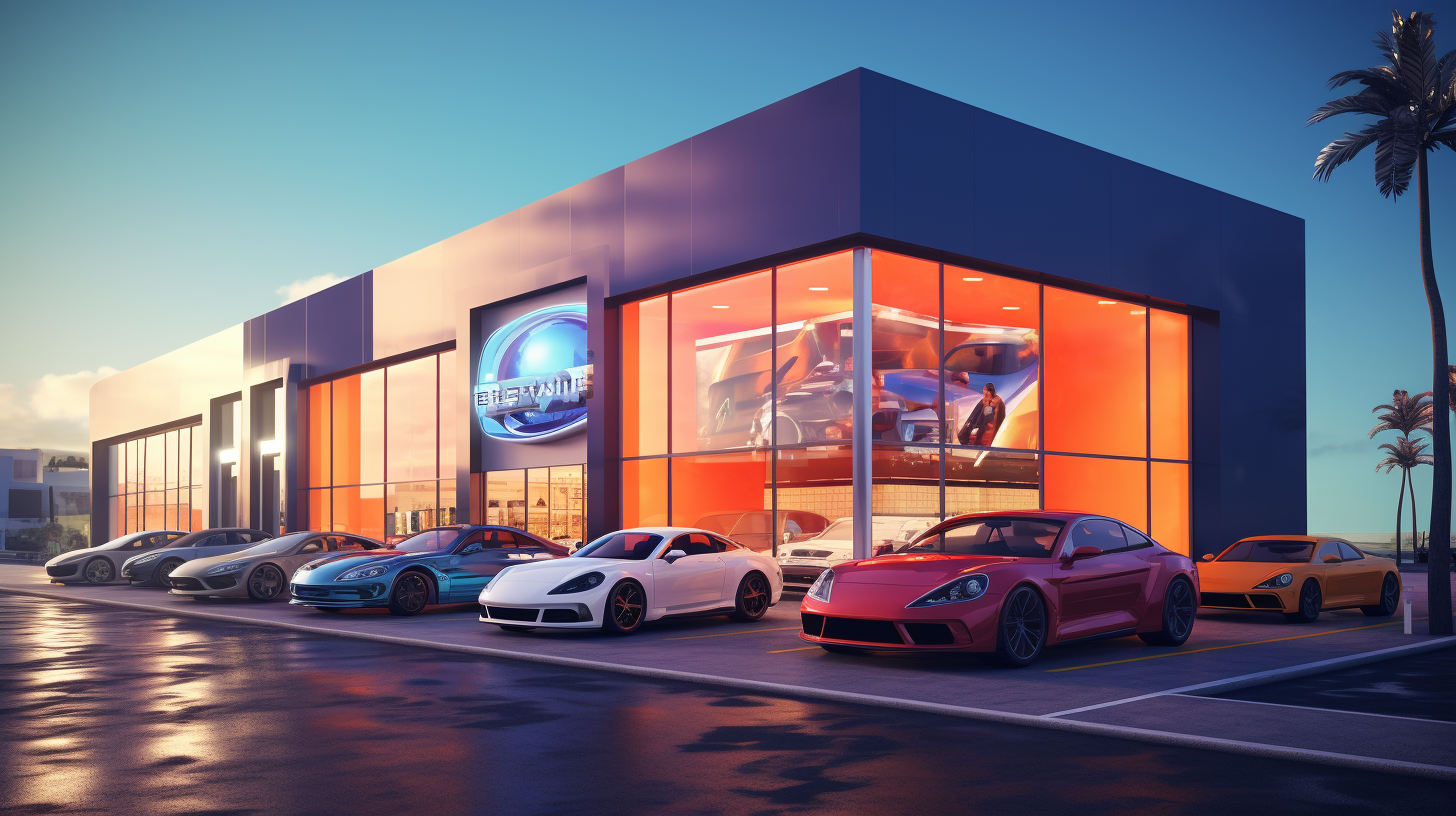 digital signs in a sleek dealership with cars outside