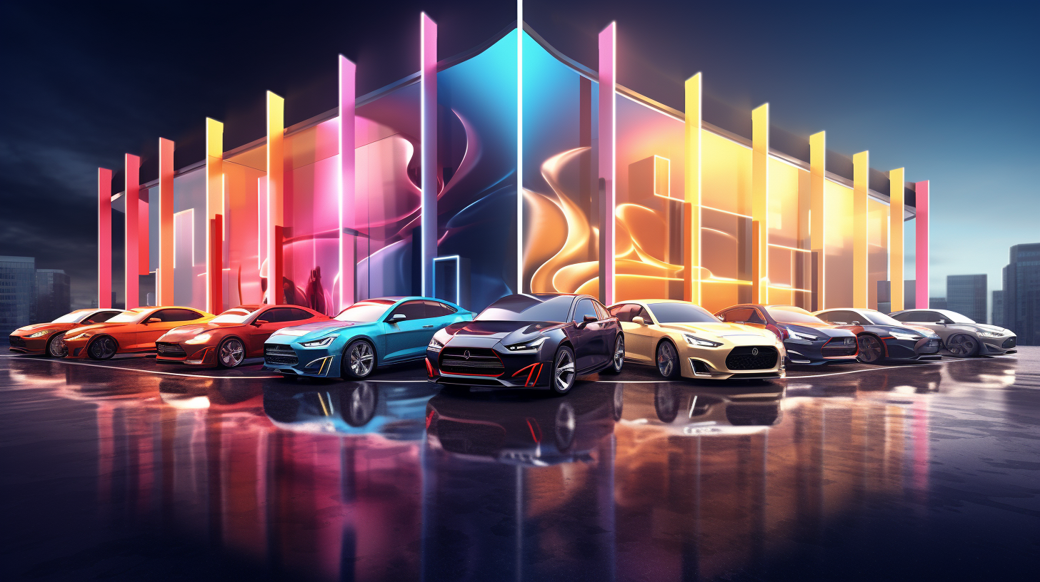sales leaderboard 3d illustration sleek modern cealership with rows of shiny cars with different colors 