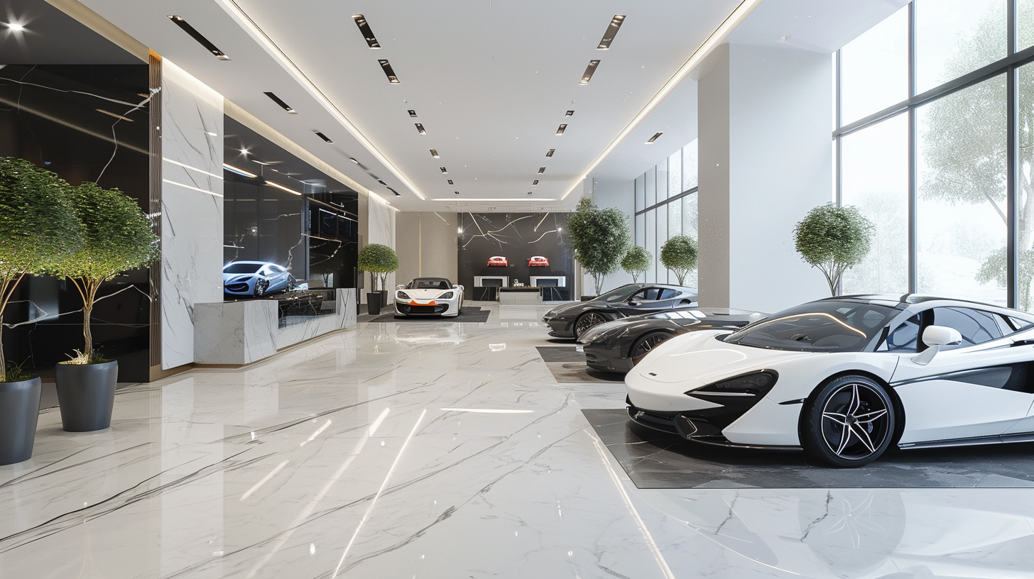  image of a modern, sleek dealership showroom. In the showroom show beautiful, sleek, clean modern cars. Let's do florescent lighting throughout the showroom. Let's make the showroom white with marble