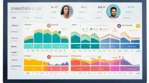 Digital screens with graphs and employee faces and stats