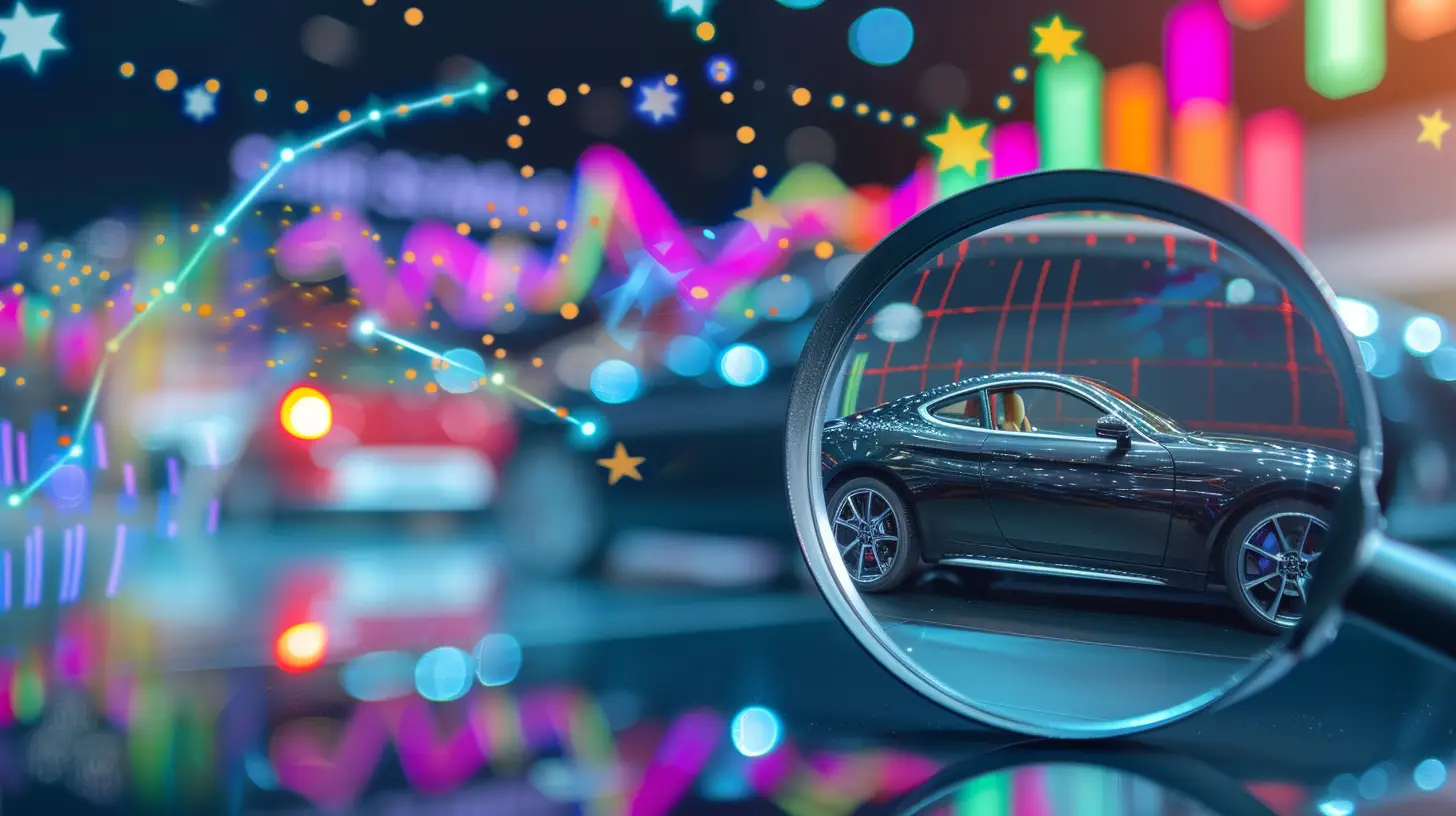 an image featuring a magnifying glass over a sleek car at a dealership, with colorful performance graphs and stars floating above, symbolizing customer satisfaction index (CSI) evaluation and tracking.