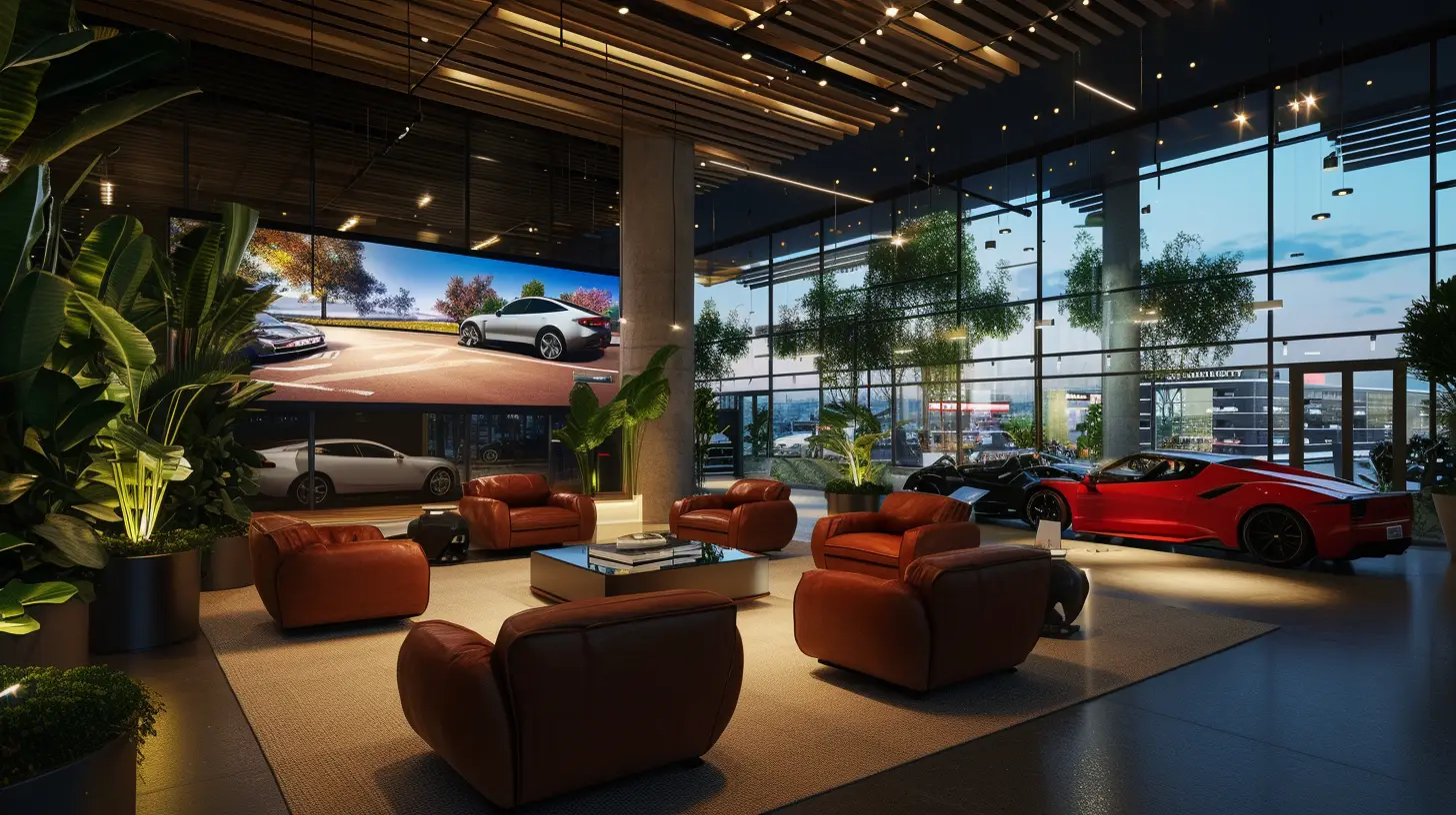 an image featuring a modern car dealership waiting area, with comfortable seating facing a large, vivid digital signage screen displaying car features, surrounded by indoor plants and soft ambient lighting.