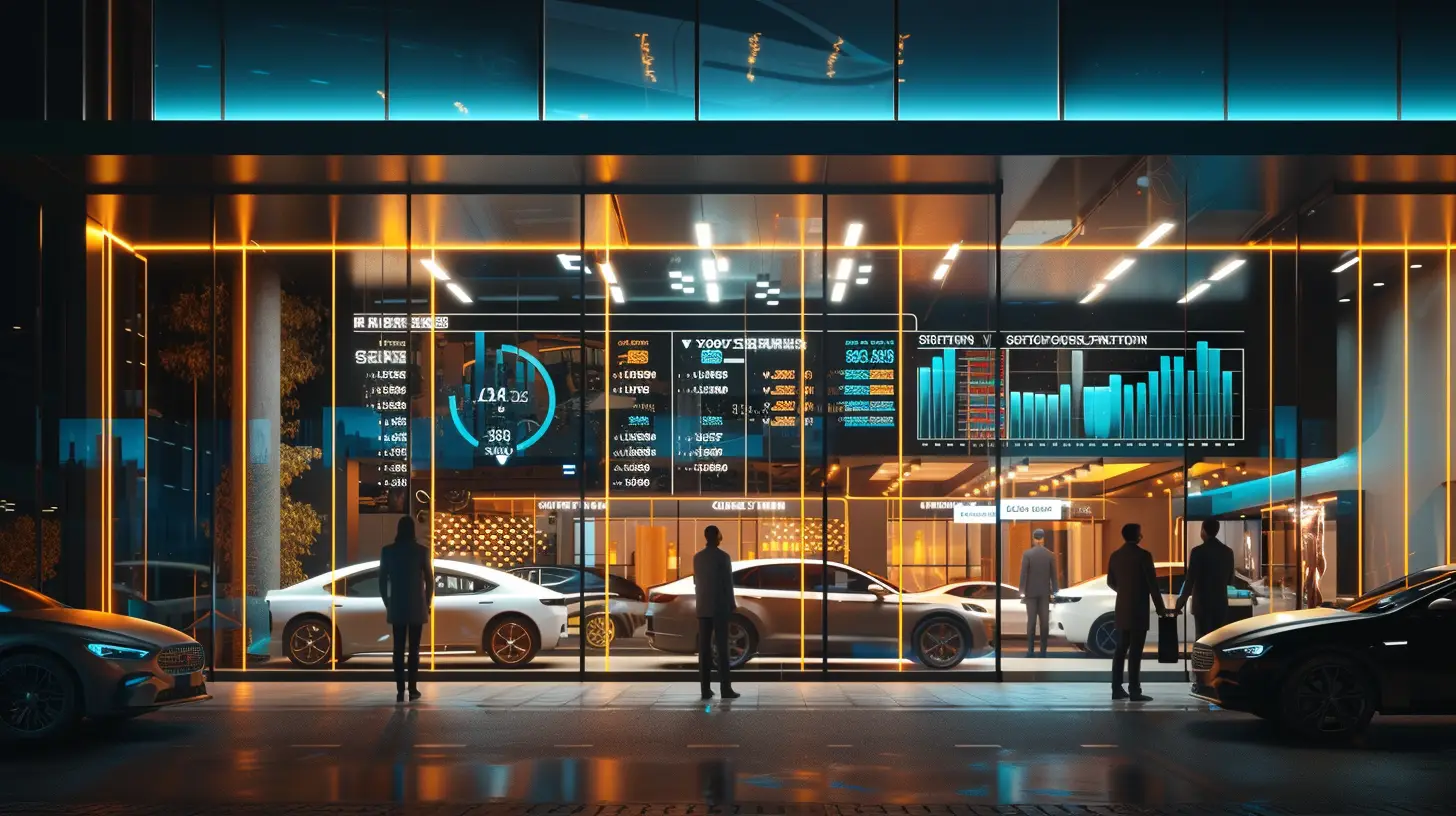 an image featuring a sleek car dealership facade with a large, transparent scoreboard overlay showing graphs and stars representing performance metrics, all surrounded by smaller visuals of happy customers and handshakes between staff and clients.