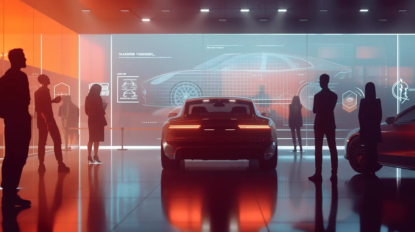 an image featuring a sleek car dealership with transparent overlay graphs indicating customer preference trends, and interactive touchpoints highlighting personalized customer insights. Include diverse customer silhouettes engaging with various car models.