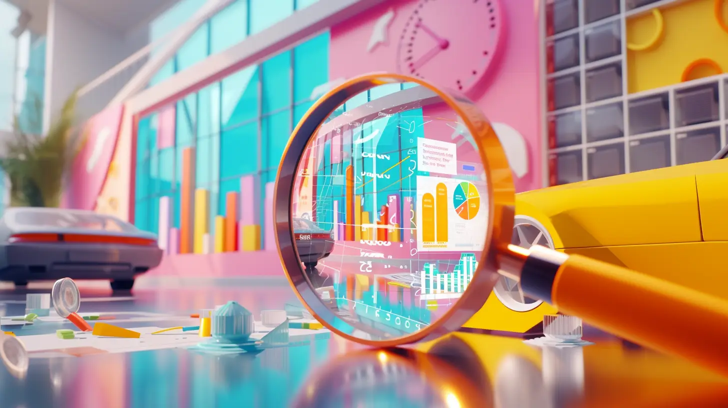 an image featuring a sleek dashboard display, with colorful graphs showing trends in customer interactions, and a magnifying glass highlighting key performance indicators, set against a backdrop of a modern automotive business development center.