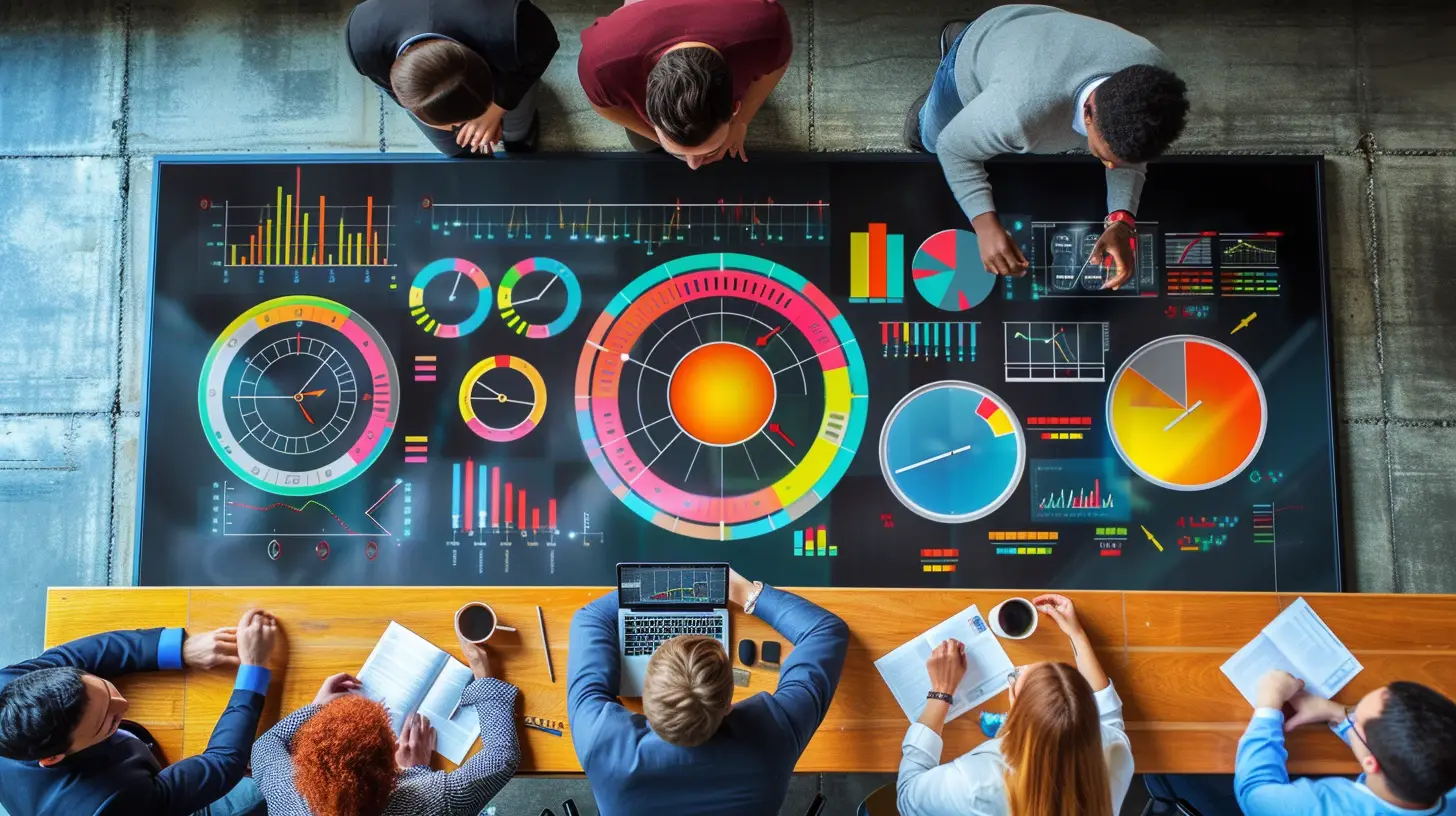 an image of a dynamic, colorful performance board filled with various gauges and meters representing key automotive BDC metrics, surrounded by a motivated team energetically discussing strategies and celebrating achievements.