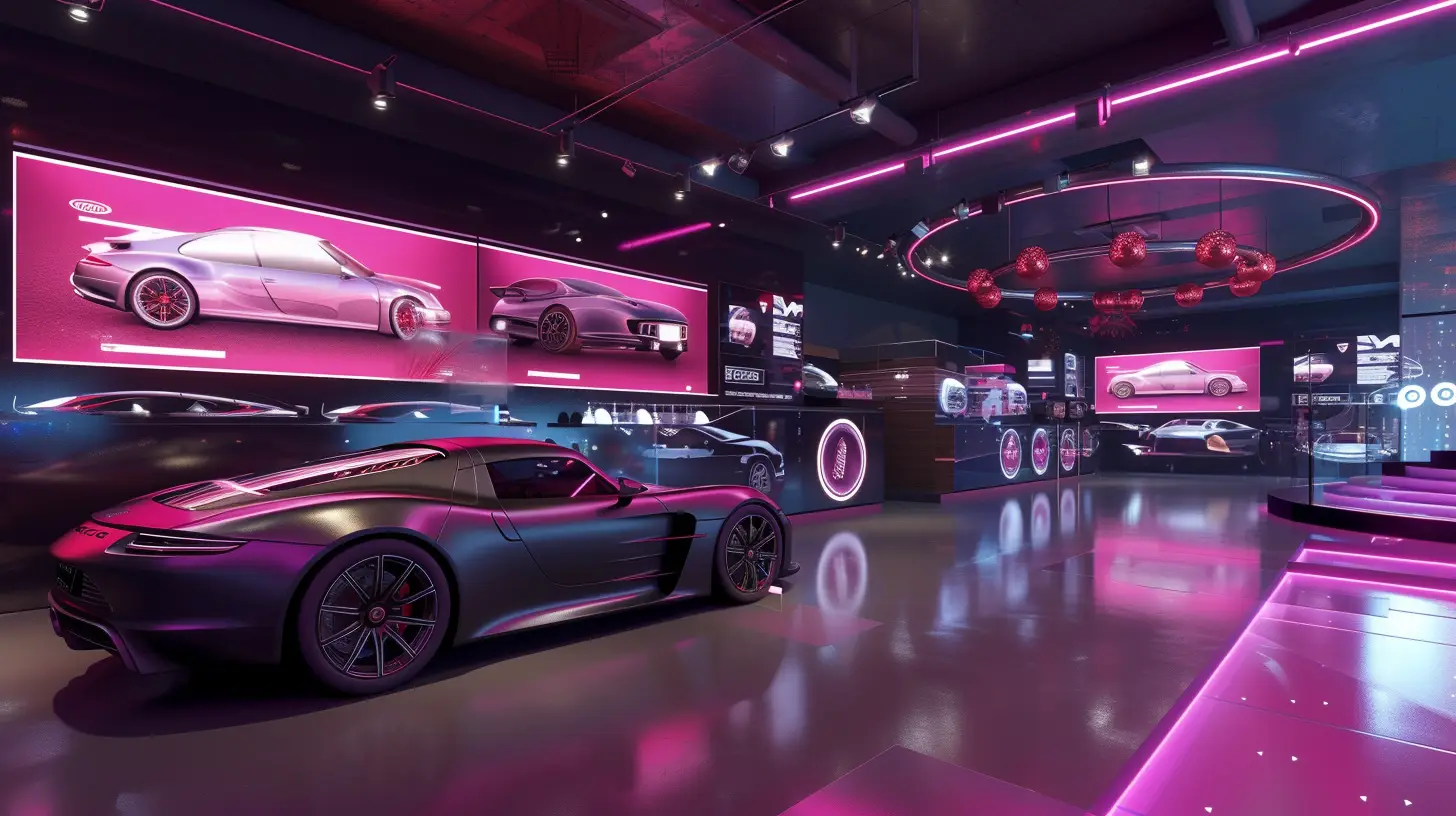 an image of a sleek car showroom featuring interactive digital signage screens displaying vibrant, dynamic car models and specs, with customers engaging through touch and gestures, surrounded by ambient, futuristic lighting.