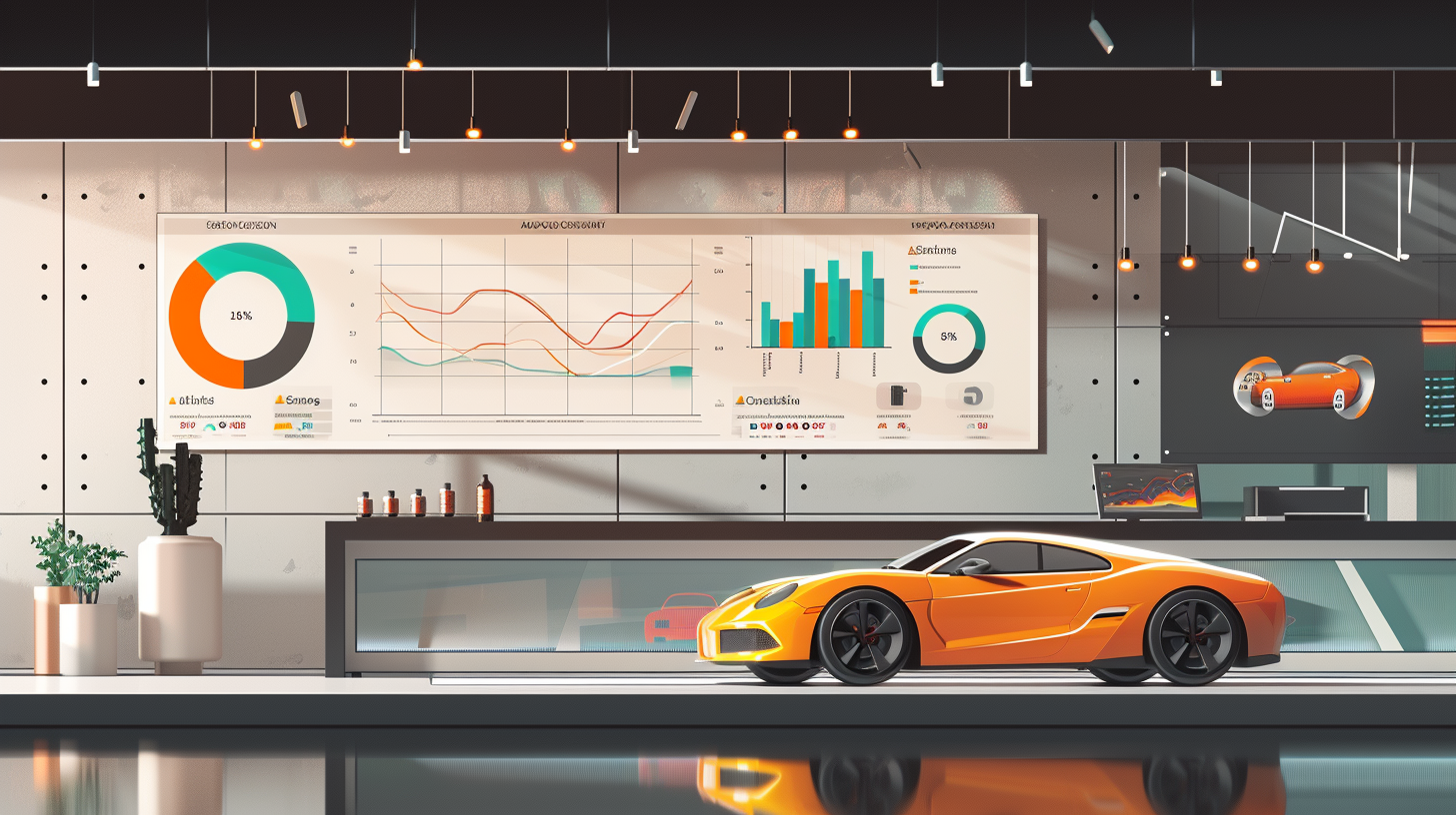 an image showcasing a sleek dashboard with various dials and graphs representing call volume, appointment rates, and sales conversions, all visually distinguished by color and shape, set against a backdrop of a modern car dealership.
