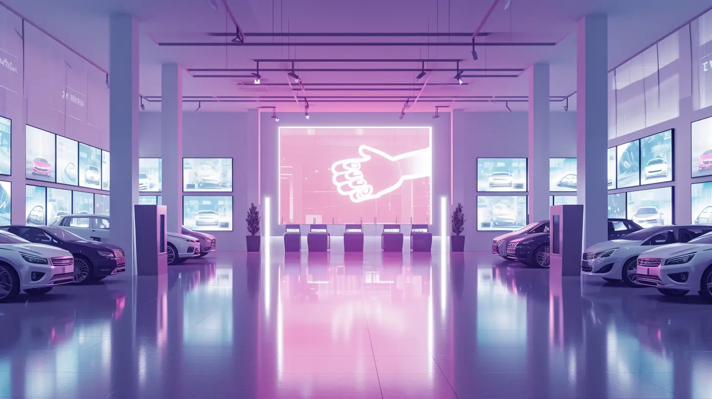 an image showing a sleek, modern car dealership entrance with a large, bright digital signboard above, displaying welcoming graphics like a handshake symbol, surrounded by smaller screens showcasing various car models in a welcoming manner.