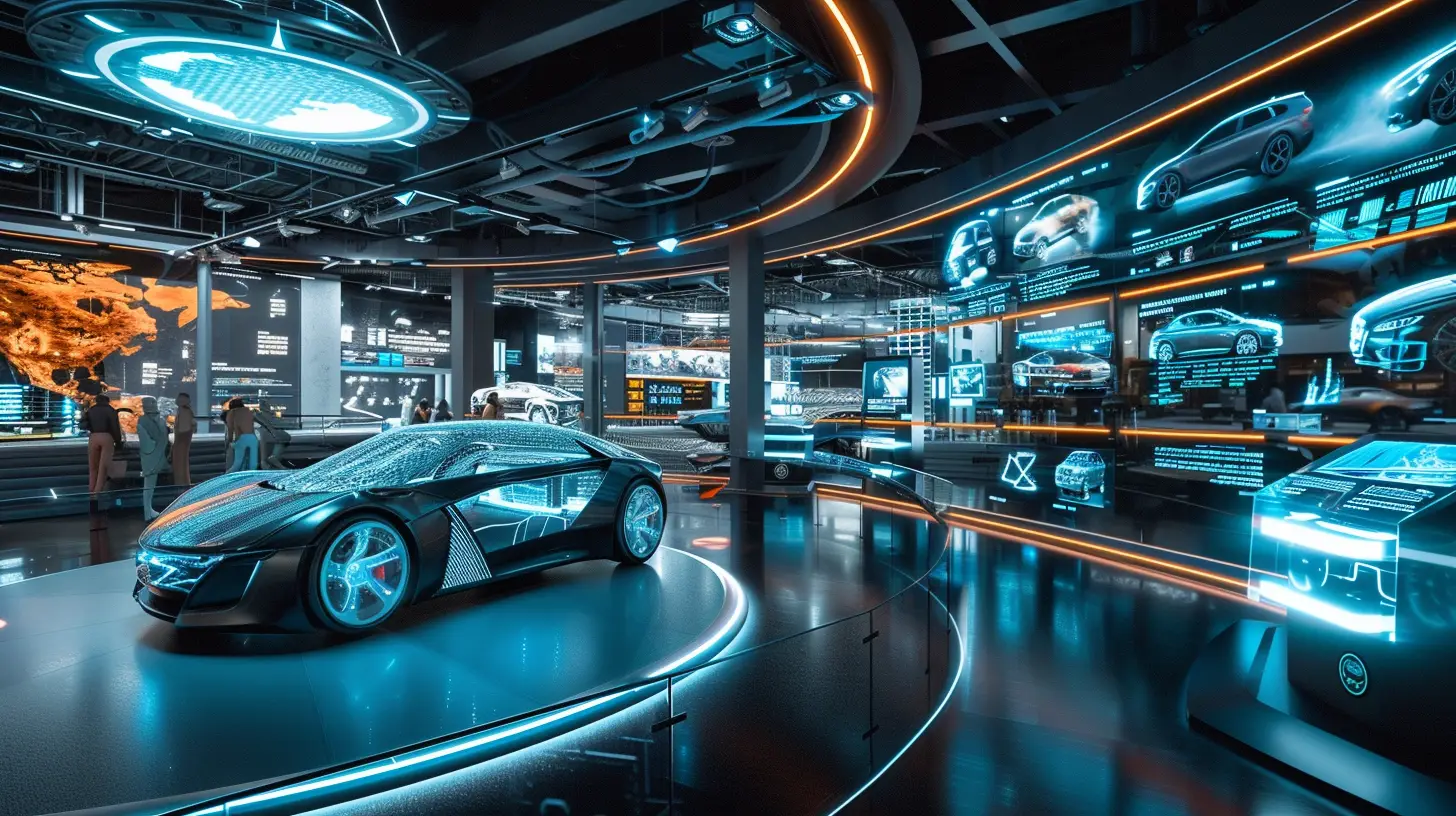 futuristic car showroom filled with interactive digital displays showcasing car features, holographic car models, and touch-screen information panels, under soft, ambient lighting.