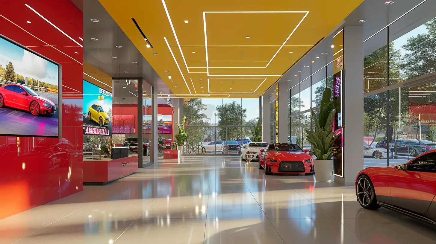 a vibrant, modern car dealership interior with digital signage screens displaying vivid car ads, interactive car features, and promotions strategically placed to engage customers at different points, like the entrance and beside showcased vehicles.