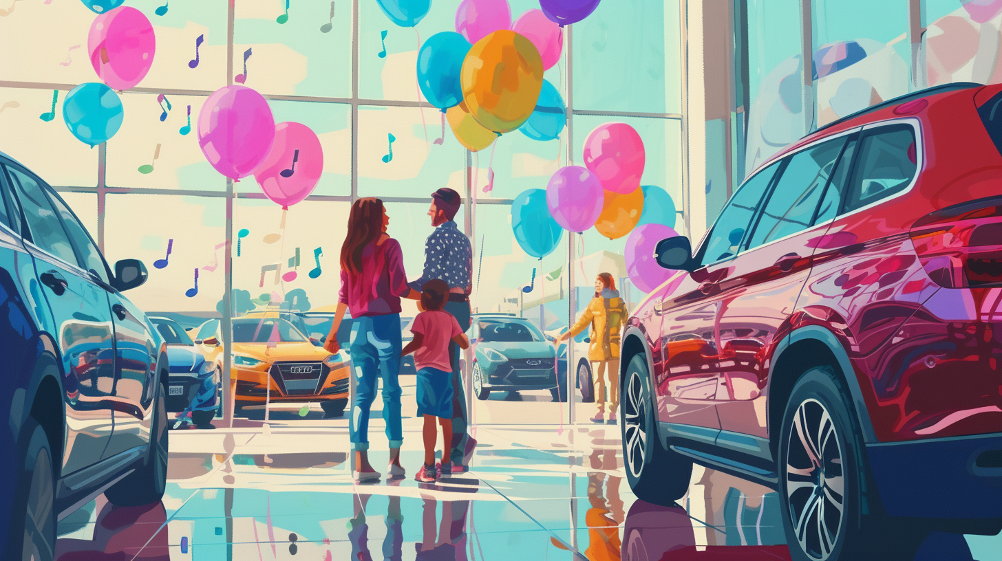 an image featuring a festive car dealership lot with colorful balloons, a happy family browsing cars, and subtle musical notes floating in the air, symbolizing the ambiance of overhead licensed music.