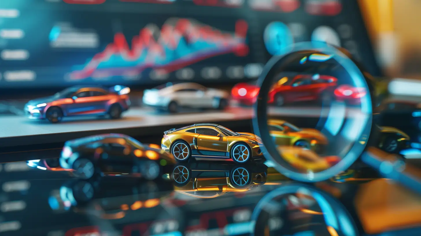 an image featuring a sleek dashboard with gauges and graphs, a magnifying glass highlighting a performance chart, and miniature cars lined up, all symbolizing the monitoring and enhancement of CSI in car dealership performance.