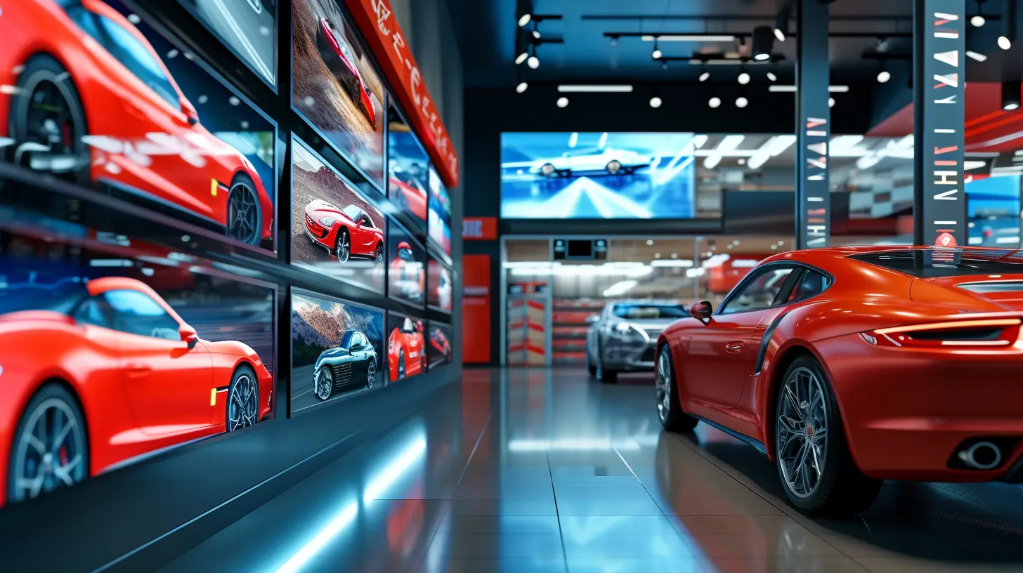an image featuring diverse digital screens in a car dealership setting, each displaying unique, customizable marketing content like car models, promotions, and interactive customer engagement interfaces, without any textual elements.