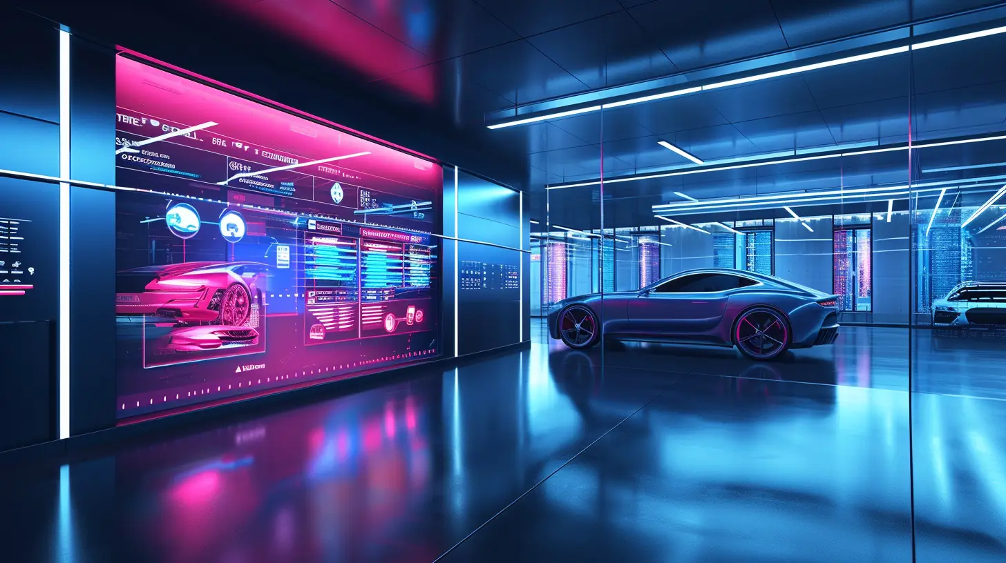  an image of a sleek, futuristic automotive service center, showcasing a vibrant, interactive digital menu board with dynamic, 3D representations of car services and prices, all under soft, ambient lighting.