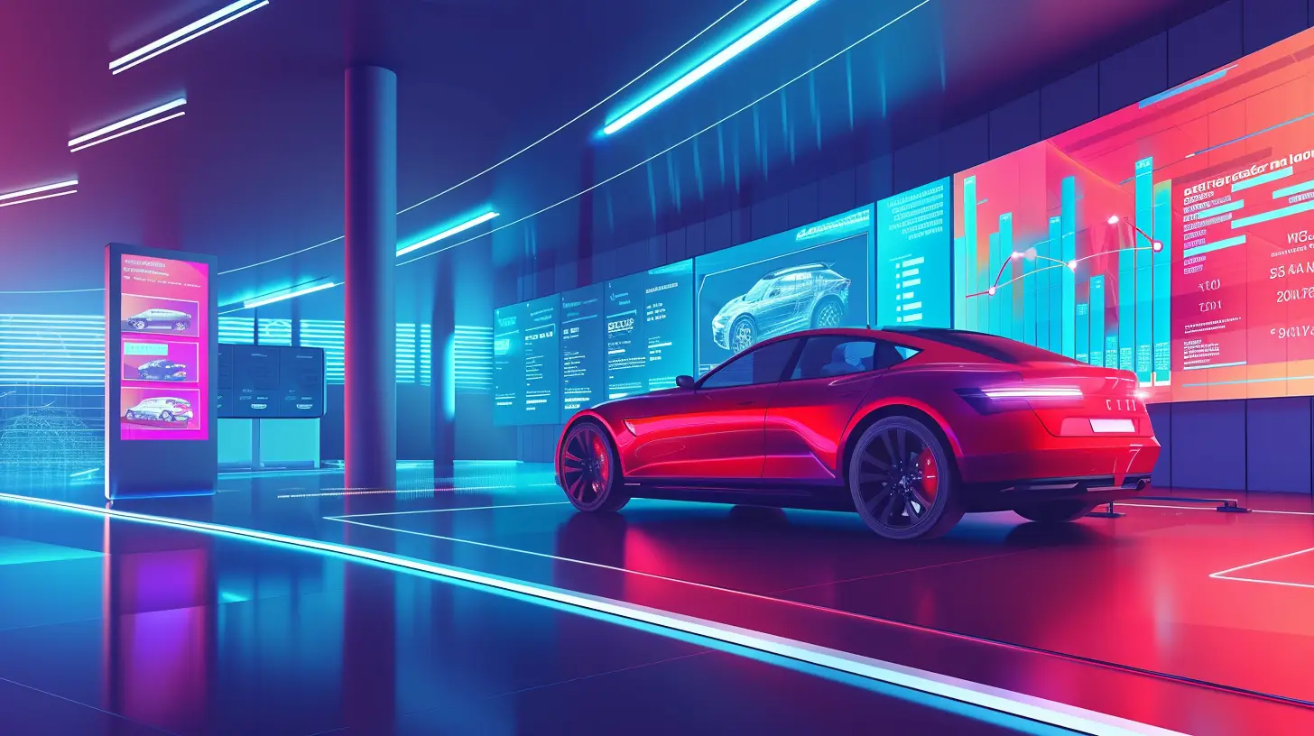 an image showcasing a sleek car showroom with digital signage displaying vibrant ads, a sales chart, and customers engaging with touchscreens, illustrating the impact of digital tools on enhancing car sales strategies.