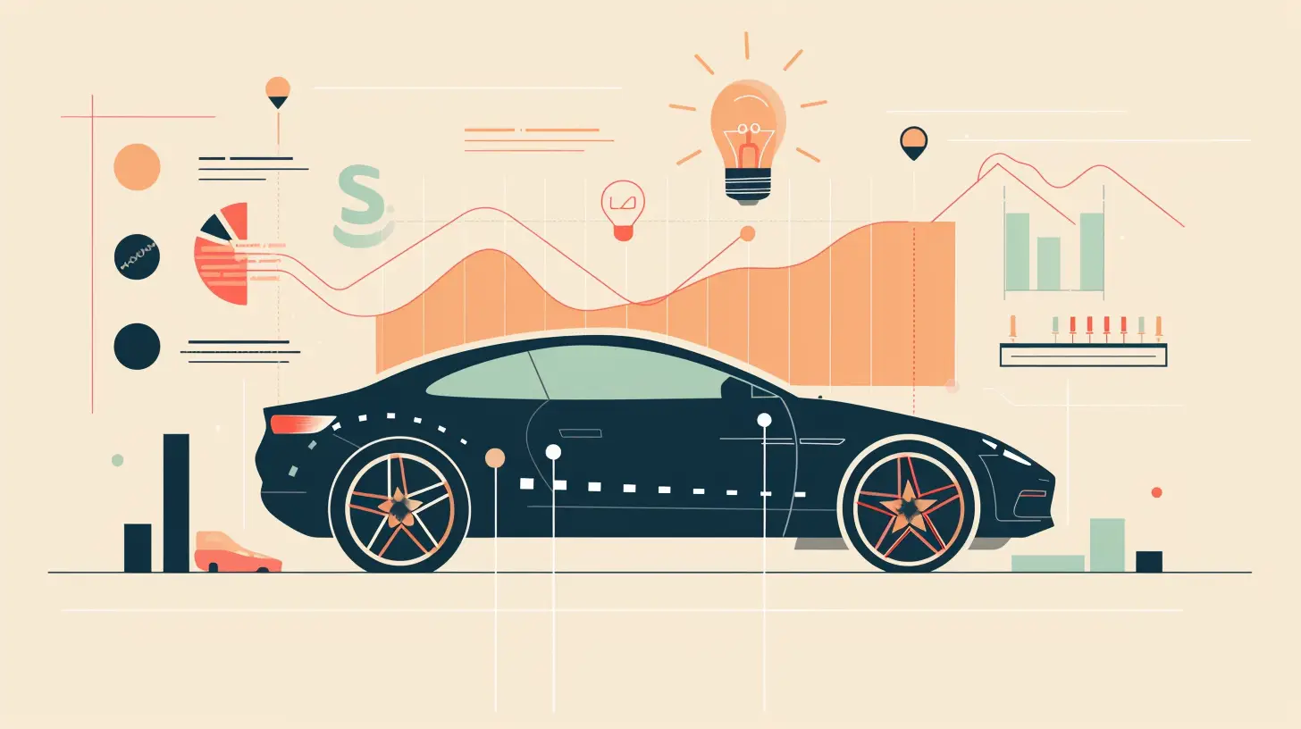 an infographic featuring a sleek car at a dealership, with abstract icons representing analytics, a performance graph trending upwards, and a lightbulb symbolizing intelligence, all interconnected with dashed lines.