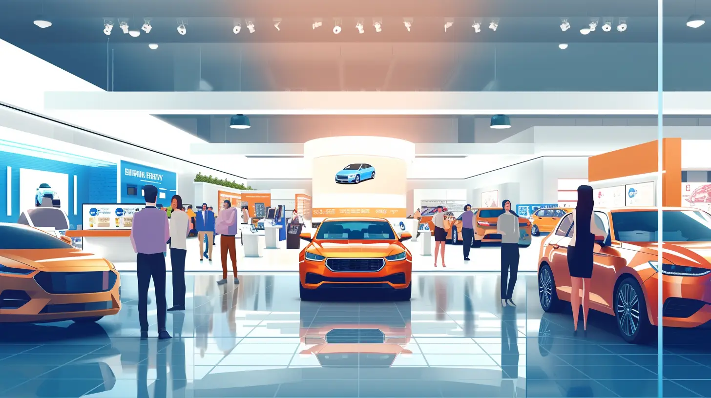 a vibrant, modern car dealership interior with digital signage displaying a rotating 3D car model, surrounded by engaged customers using interactive touchscreens to customize car features, under bright, welcoming lights.