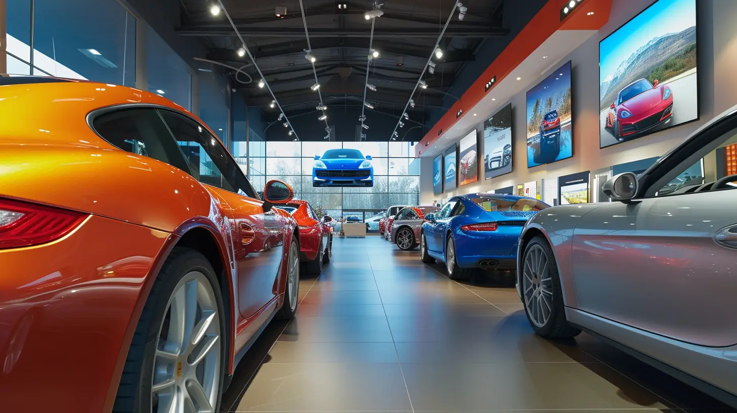 a vibrant, modern car dealership interior with digital signage screens displaying vivid car images and promotional content, managed from a central console by a marketer adjusting the displays. Highlight diversity in content types.