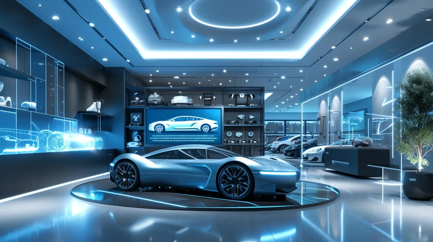 a sleek, modern car dealership with futuristic digital signage: holographic car displays, interactive touchscreens showcasing car features, and augmented reality zones for virtual test drives. Highlight innovation and immersive customer experiences.