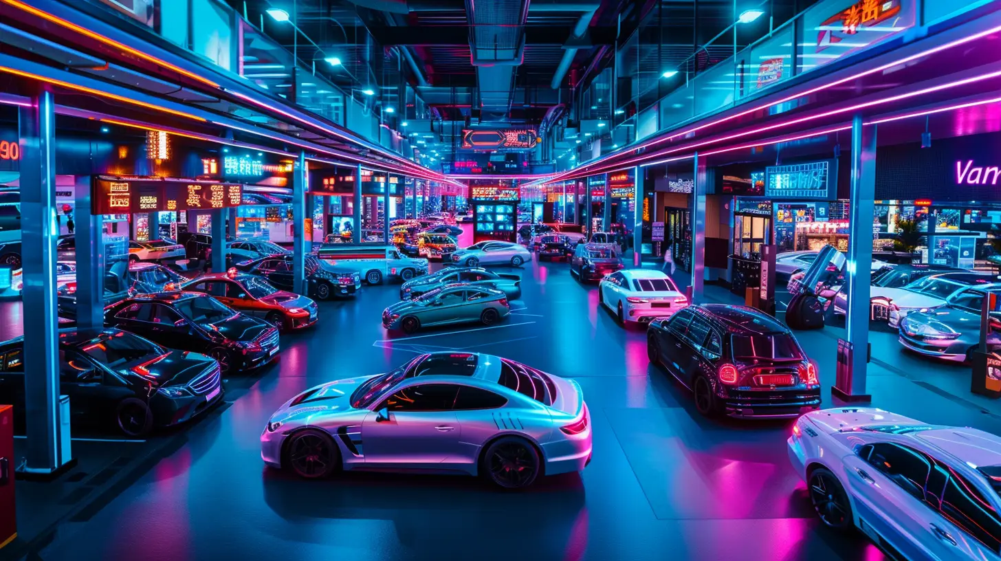 A bustling car dealership at night, illuminated by vibrant, colorful digital signs and neon lights. Modern cars are showcased under the glowing signs, creating a lively, Vegas-like atmosphere.