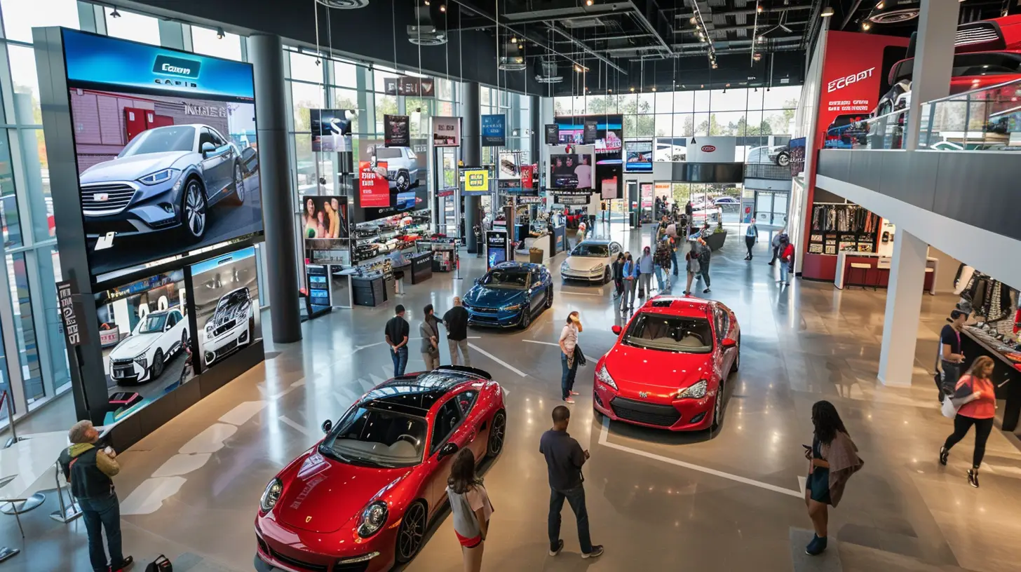  A bustling car dealership, digital signs displaying dynamic vehicles with updated deals, vibrant discount tags, and animated price drops; customers eagerly exploring the bright, interactive screens showcasing various cars and special offers.