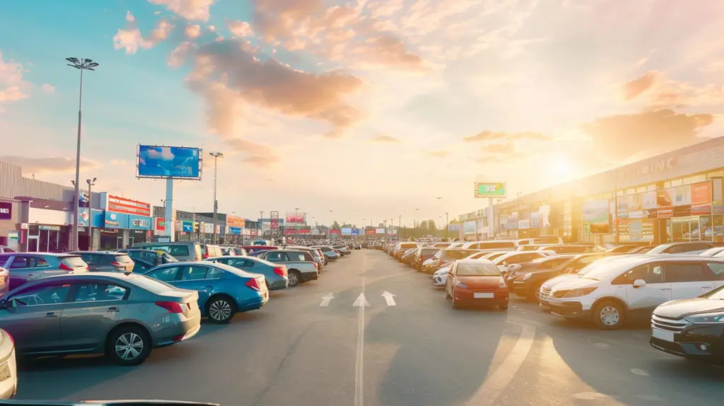A bustling car dealership lot with vibrant digital signs displaying car features, promotions, and prices; potential buyers engaging with sales agents near sleek, polished vehicles under a bright, clear sky.