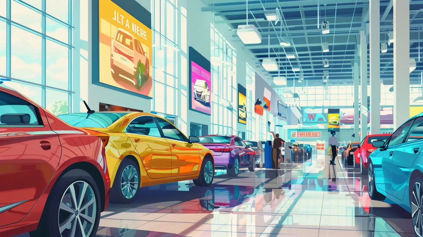 A bustling car dealership with bright digital signs showing happy customers, smiling and giving thumbs up next to their new vehicles, a variety of cars in the background, and a modern showroom ambiance.