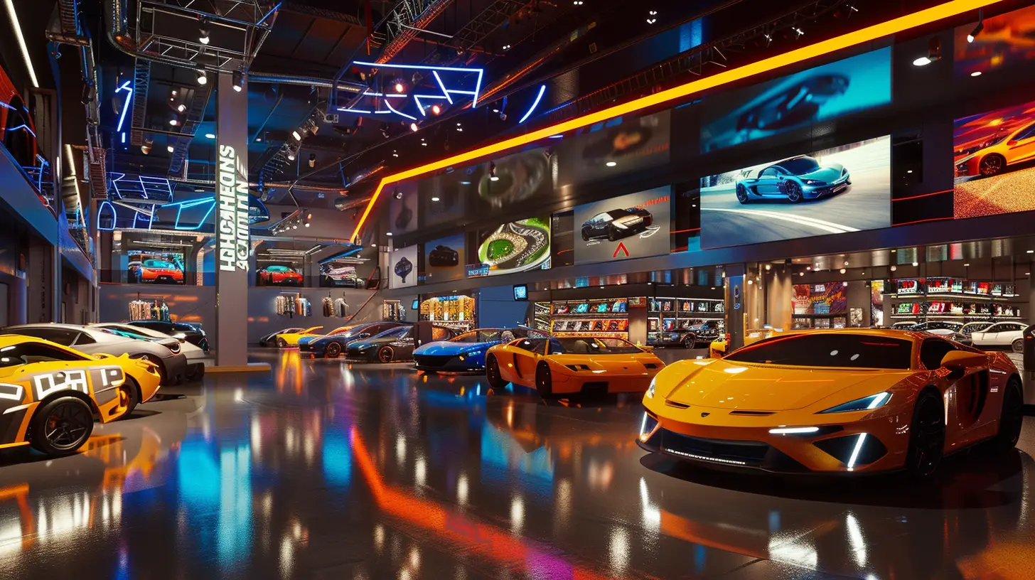  A bustling car dealership with sleek digital signs showcasing real-time updates, vibrant colors, dynamic animations, and flashing lights, creating an electrifying, Vegas-like atmosphere amidst rows of shiny, modern cars.
