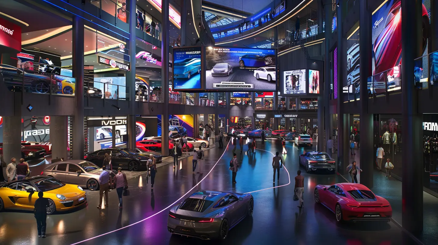  A bustling car dealership with vibrant, animated digital signs displaying colorful car advertisements, flashing lights, and sleek, modern car models. Customers eagerly exploring the lot, creating an energetic, Vegas-like atmosphere.