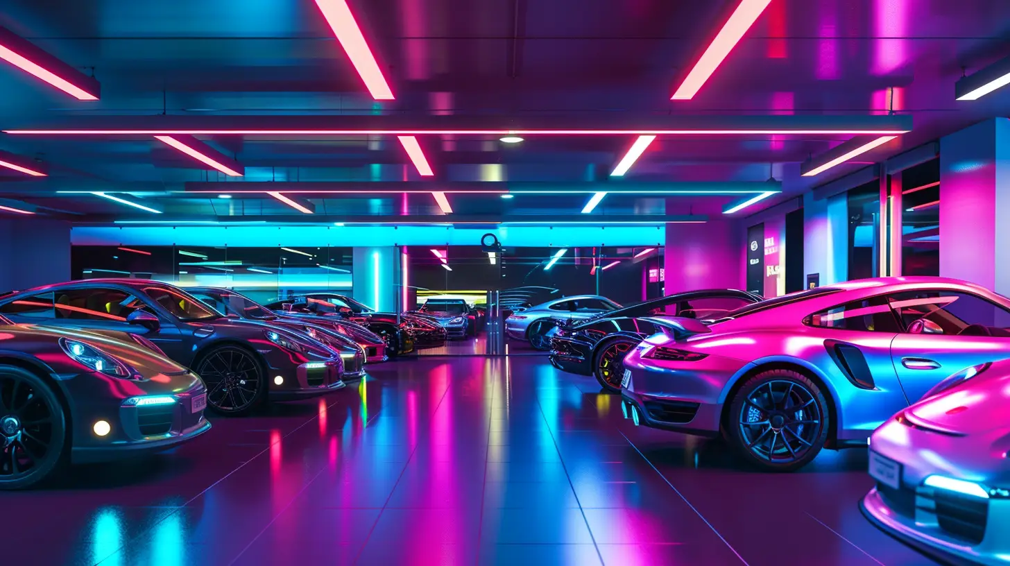 A bustling car dealership with vibrant digital signs illuminating the lot, showcasing sleek, shiny cars under bright, colorful lights reminiscent of a Vegas night, attracting enthusiastic customers and creating an energetic, high-tech atmosphere.
