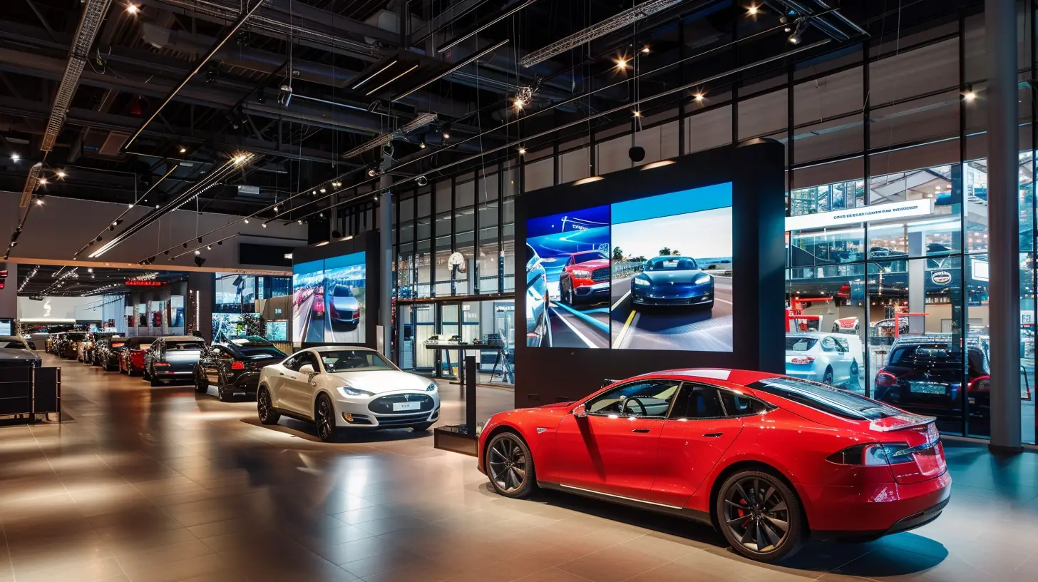  A bustling car dealership with vibrant digital signs displaying sleek, shiny vehicles. Bright, high-resolution screens show rotating images of car interiors, exteriors, and features, drawing excited customers to the showroom floor.