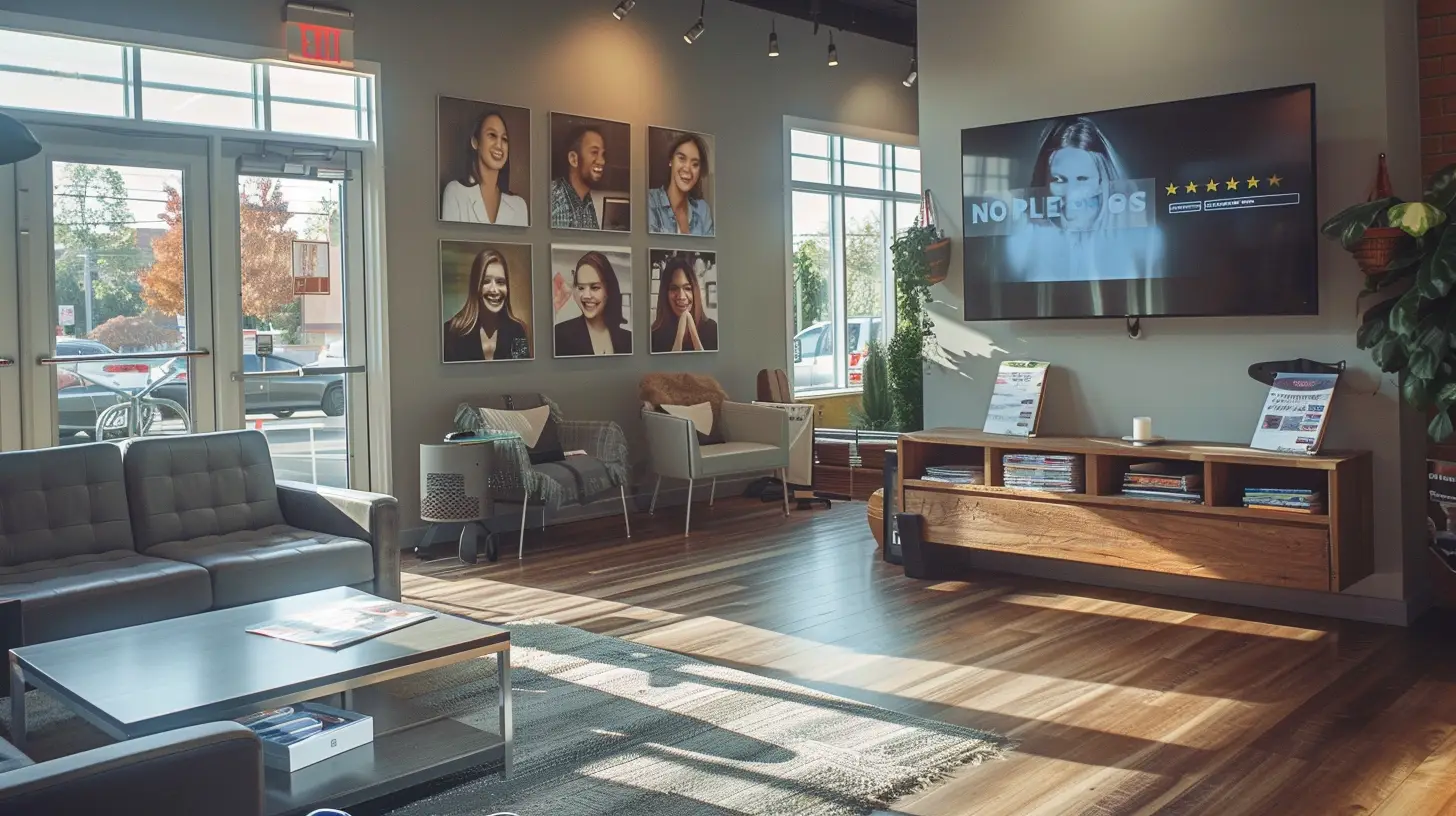 A cozy auto shop waiting room with a sleek TV screen on the wall displaying happy customers' smiling faces and star ratings, with comfortable seating, coffee table, magazines, and a window letting in natural light.