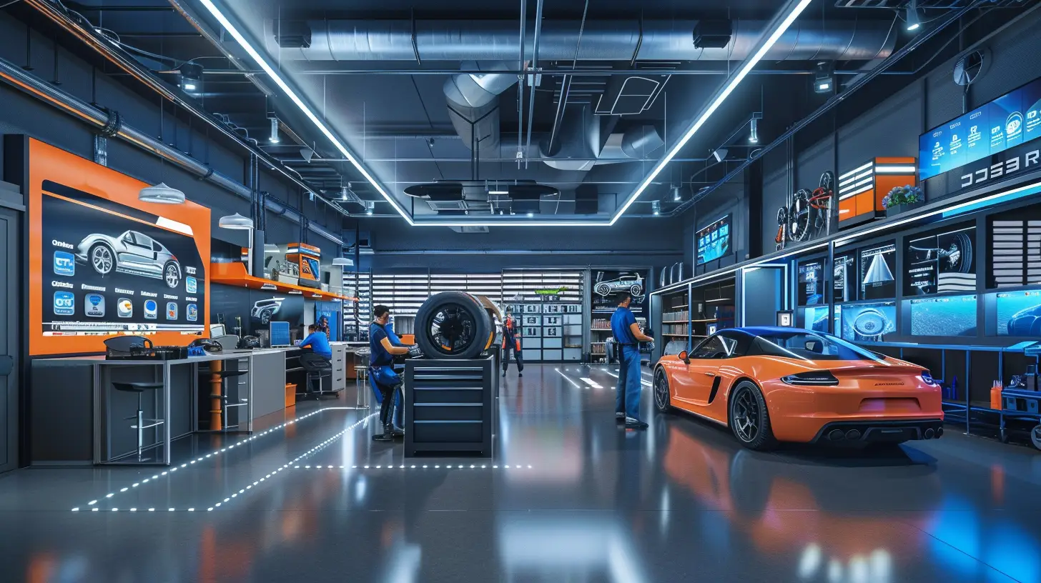  A modern auto shop interior with sleek digital signage displaying car services, promotions, and customer reviews; vibrant screens illuminate the organized, clean workspace with mechanics working efficiently in the background.