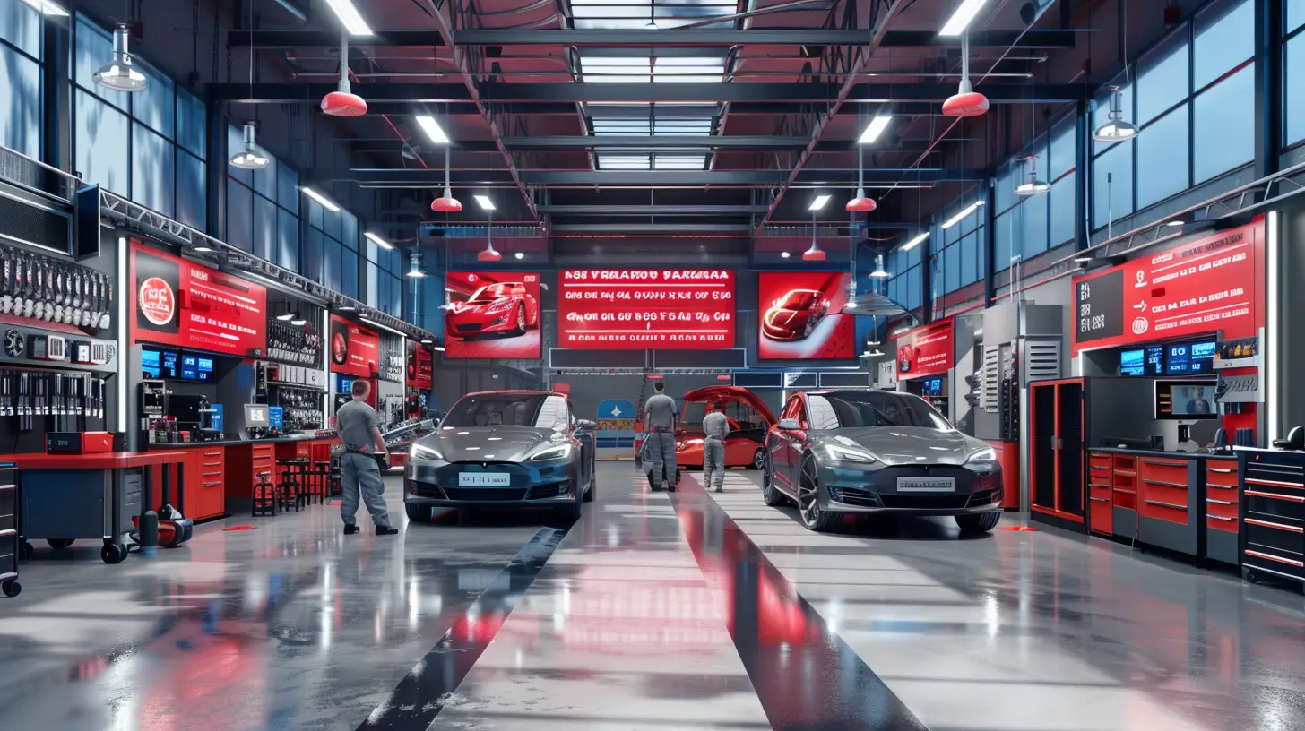 A modern auto shop with sleek digital signage displaying car services, promotions, and schedules; vibrant LED screens, polished cars, mechanics in uniforms working, and a clean, organized, high-tech environment.