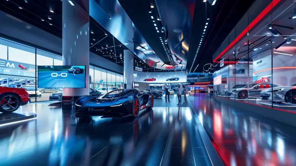 A modern car dealership interior with sleek digital screens displaying car features, promotions, and customer testimonials; vibrant, high-tech atmosphere with customers engaging with interactive displays and cars showcased under bright, professional lighting.