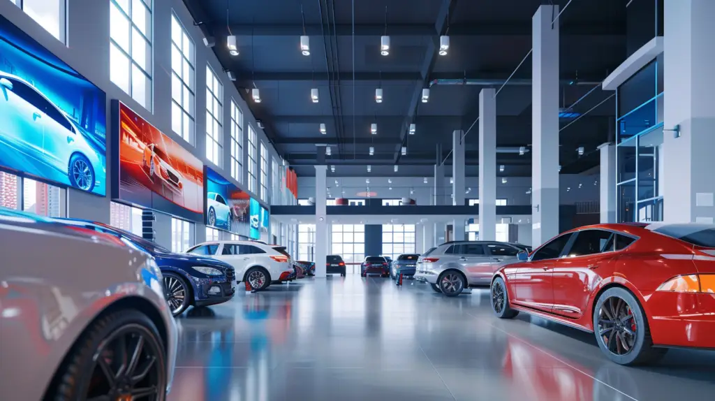 A modern car dealership service drive with sleek digital signs displaying vibrant graphics and animations, surrounded by shiny cars and a clean, organized environment, with service advisors assisting customers in a bright, inviting space.