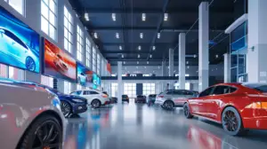 A modern car dealership service drive with sleek digital signs displaying vibrant graphics and animations, surrounded by shiny cars and a clean, organized environment, with service advisors assisting customers in a bright, inviting space.