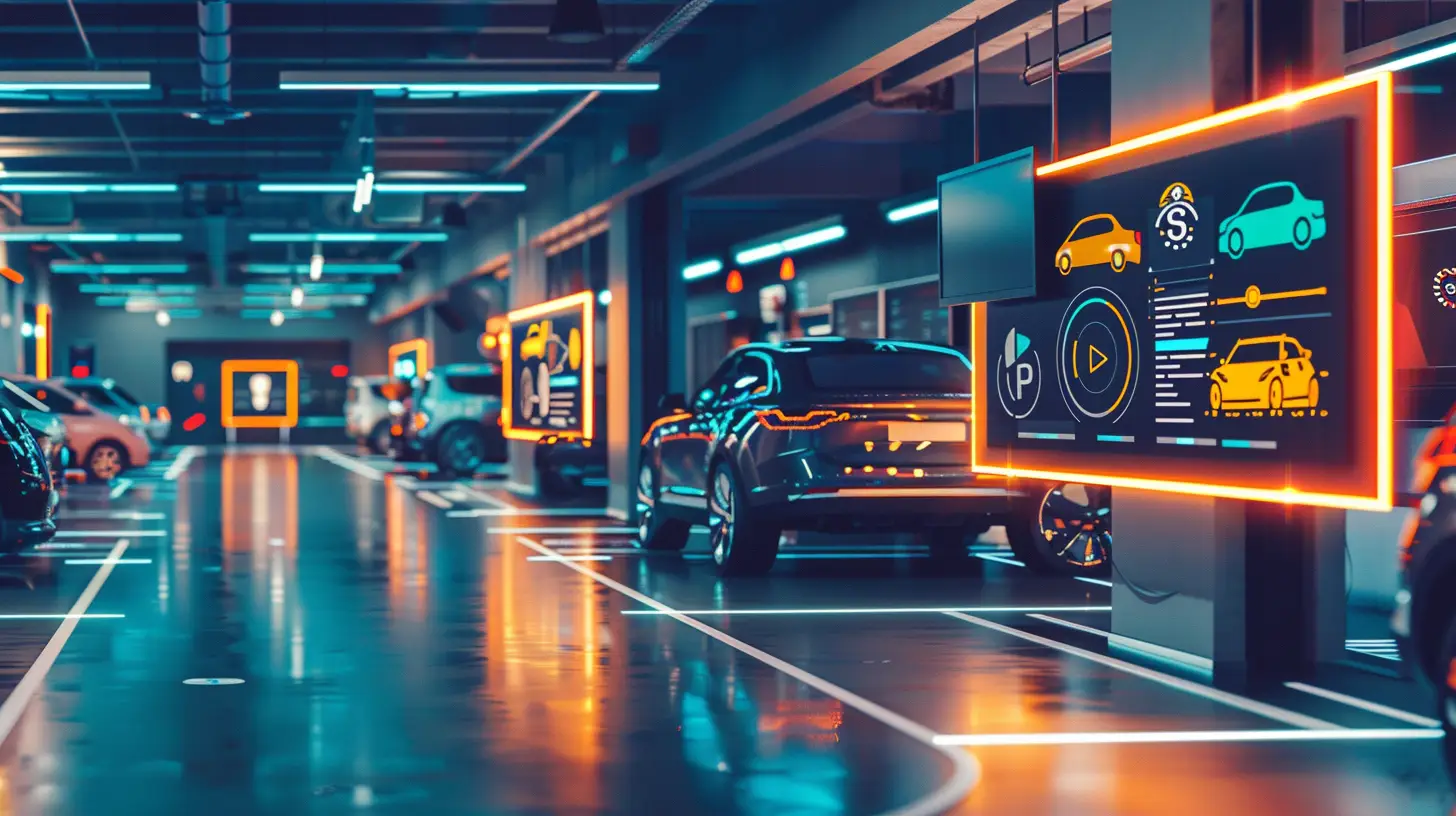  A modern car dealership service drive with sleek digital signs displaying vehicle service statuses, colorful icons, and progress bars, surrounded by vehicles and a clean, organized environment with a futuristic, high-tech ambiance.