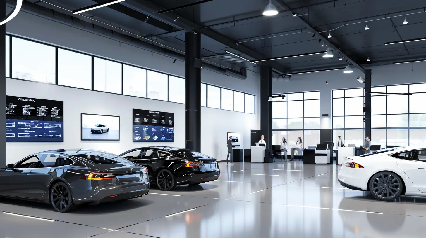  A modern car dealership showroom with sleek digital service status boards displaying real-time updates, happy customers interacting with attentive staff, and an array of polished cars under bright, inviting lighting.