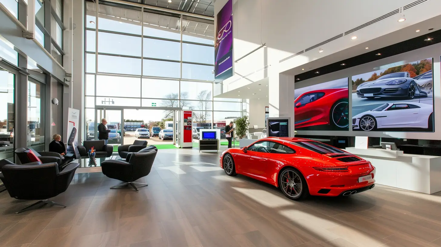  A modern car dealership, sleek digital screens displaying dynamic car promotions and real-time updates, vibrant and interactive visuals, staff updating content remotely via tablets, customers engaged and exploring the latest offers.