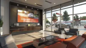 A modern car dealership waiting room with a sleek, wall-mounted TV displaying vibrant graphics of local news and weather updates, surrounded by comfortable seating and large windows showcasing a sunny day outside.